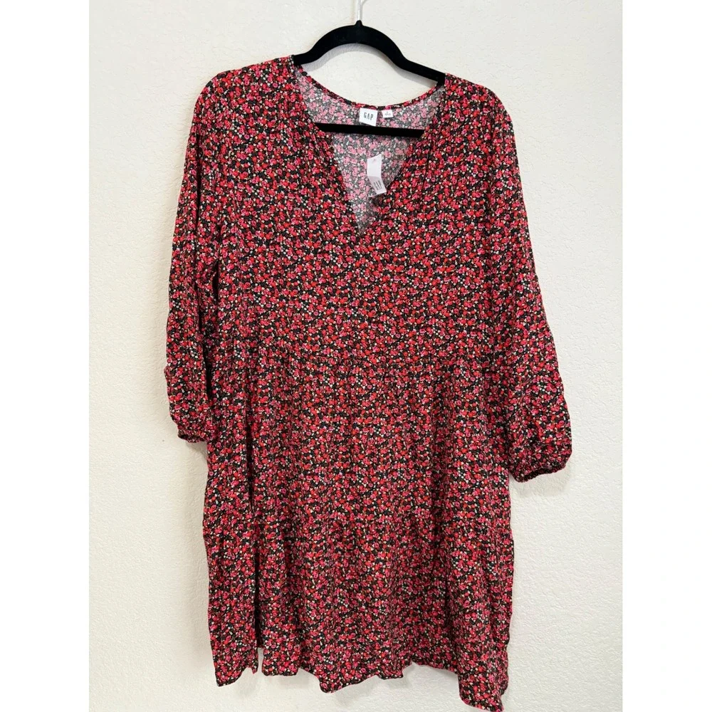 NWT GAP Floral Print‎ Mini Dress Red Black Long Sleeve V Neck Tiered Babydoll